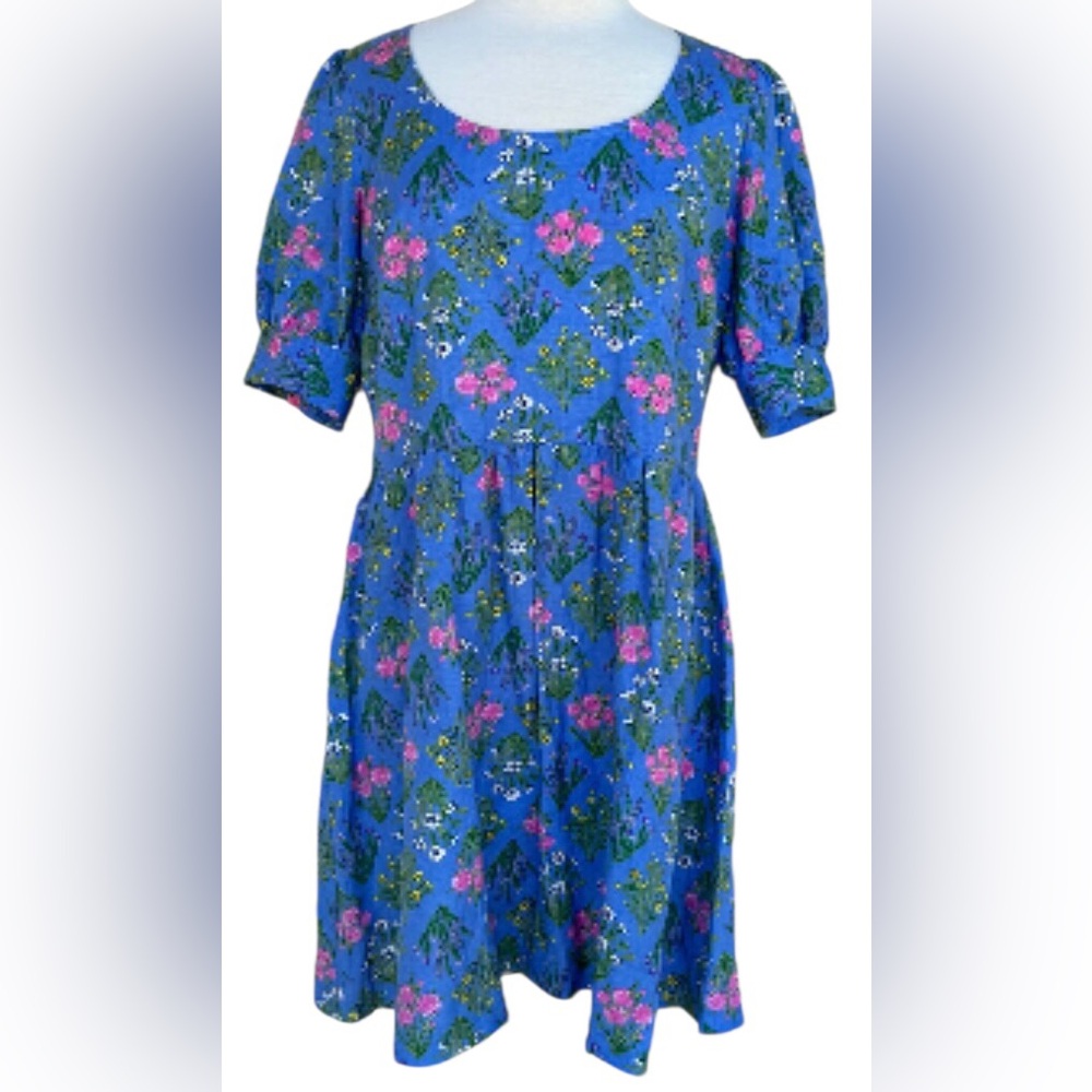 LOFT Size 8 Floral Elegant Blue Pink Midi Dress.Linen Blend Puff Sleeves Stylish